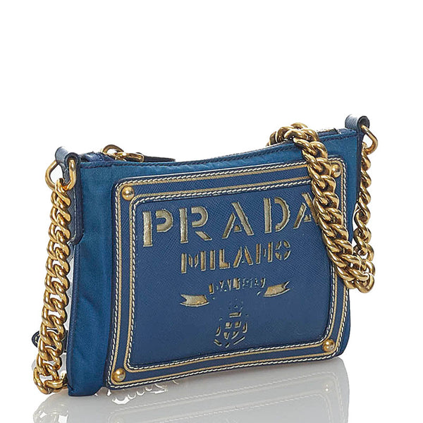 プラダ チェーン ショルダーバッグ ブルー ナイロン レザー レディース PRADA 【中古】