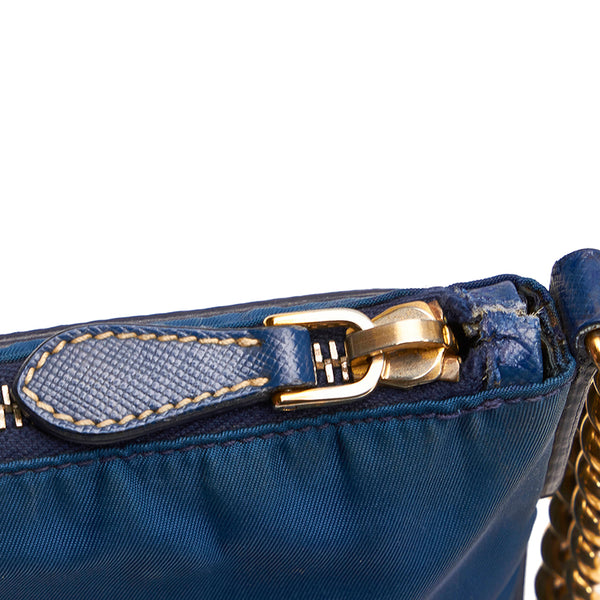 プラダ チェーン ショルダーバッグ ブルー ナイロン レザー レディース PRADA 【中古】