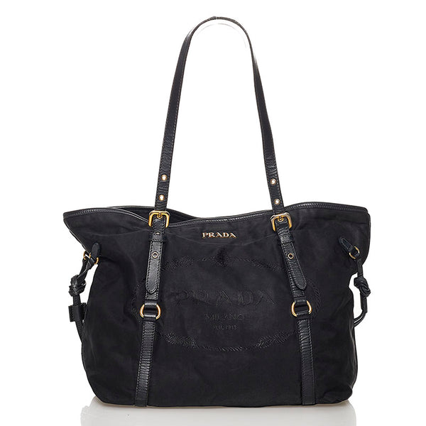 プラダ ロゴジャガード トートバッグ ブラック ナイロン レザー レディース PRADA 【中古】