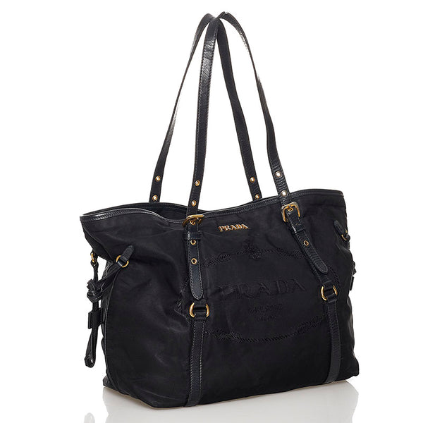 プラダ ロゴジャガード トートバッグ ブラック ナイロン レザー レディース PRADA 【中古】