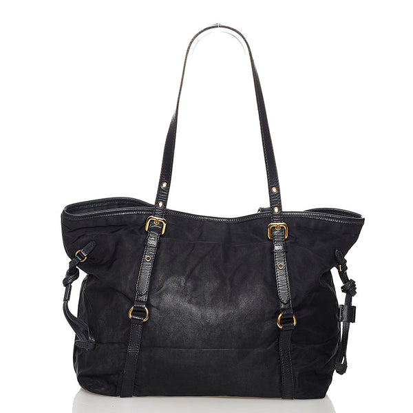プラダ ロゴジャガード トートバッグ ブラック ナイロン レザー レディース PRADA 【中古】