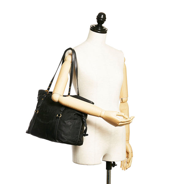 プラダ ロゴジャガード トートバッグ ブラック ナイロン レザー レディース PRADA 【中古】