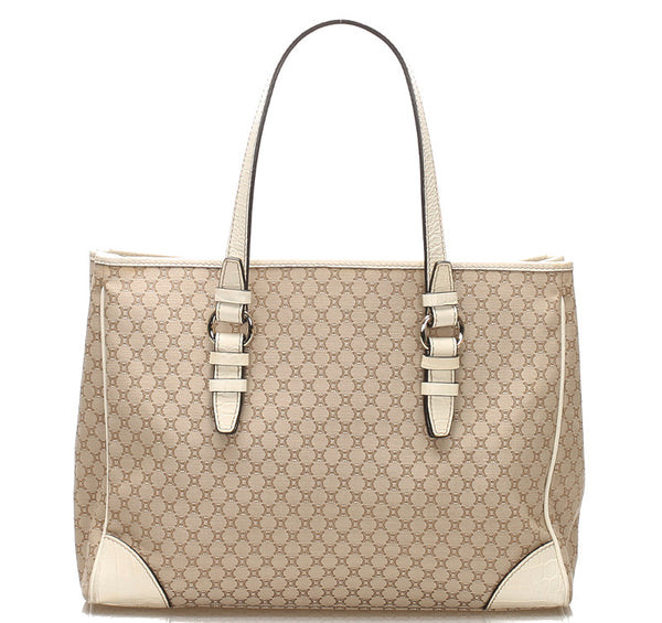 セリーヌ マカダム ベージュ キャンバス レザー トートバッグ レディース CELINE 【中古】