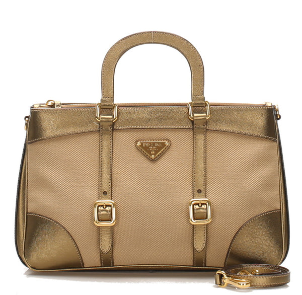 プラダ ベージュ ゴールド キャンバス レザー ハンドバッグ ショルダーバッグ 2WAY レディース PRADA 中古