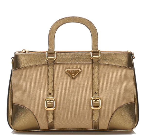 プラダ ベージュ ゴールド キャンバス レザー ハンドバッグ ショルダーバッグ 2WAY レディース PRADA 中古