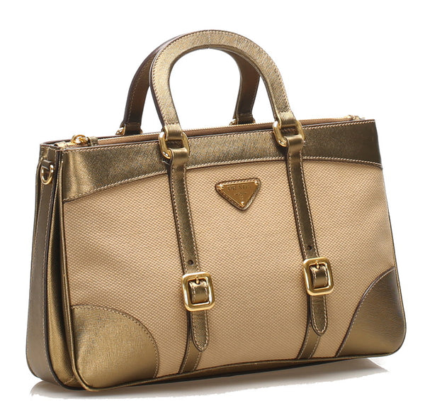 プラダ ベージュ ゴールド キャンバス レザー ハンドバッグ ショルダーバッグ 2WAY レディース PRADA 中古