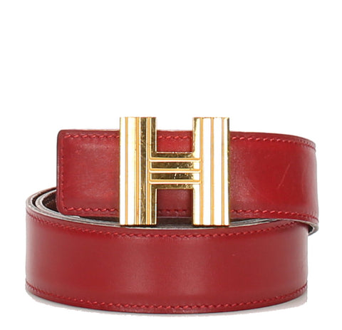 エルメス レッド レザー ベルト ユニセックス HERMES □D印刻(2000年制)刻印 中古