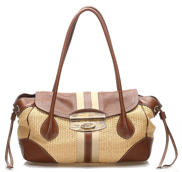 プラダ ブラウン 茶 レザー ラフィア ショルダーバッグ レディース PRADA 中古