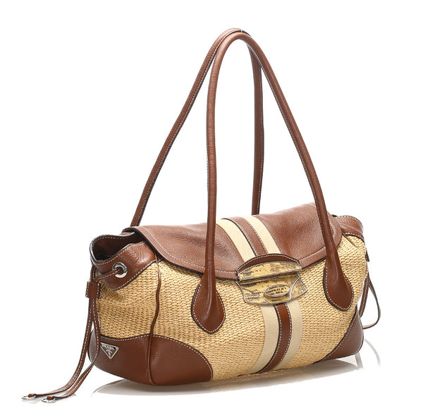 プラダ ブラウン 茶 レザー ラフィア ショルダーバッグ レディース PRADA 中古