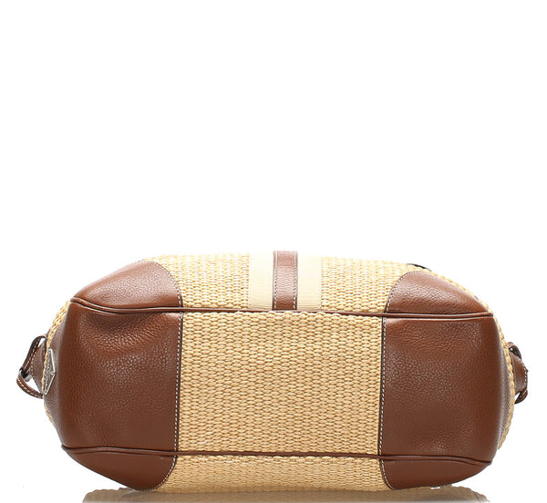 プラダ ブラウン 茶 レザー ラフィア ショルダーバッグ レディース PRADA 中古
