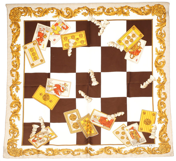 ディオール チェス トランプ ブラウン ホワイト イエロー シルク スカーフ レディース Dior 中古