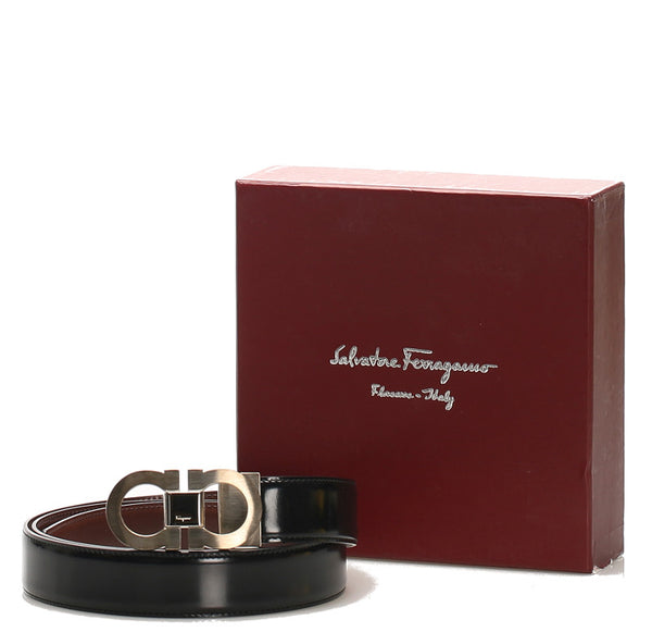 サルヴァトーレフェラガモ ブラック シルバー レザー ベルト メンズ Salvatore Ferragamo 中古