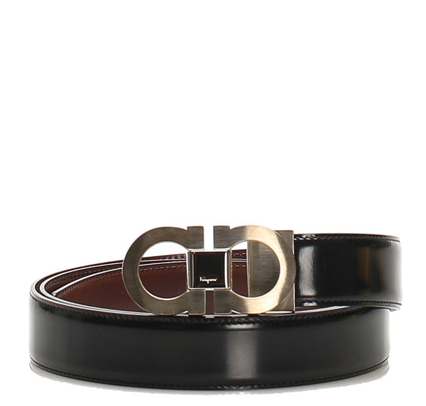 サルヴァトーレフェラガモ ブラック シルバー レザー ベルト メンズ Salvatore Ferragamo 中古