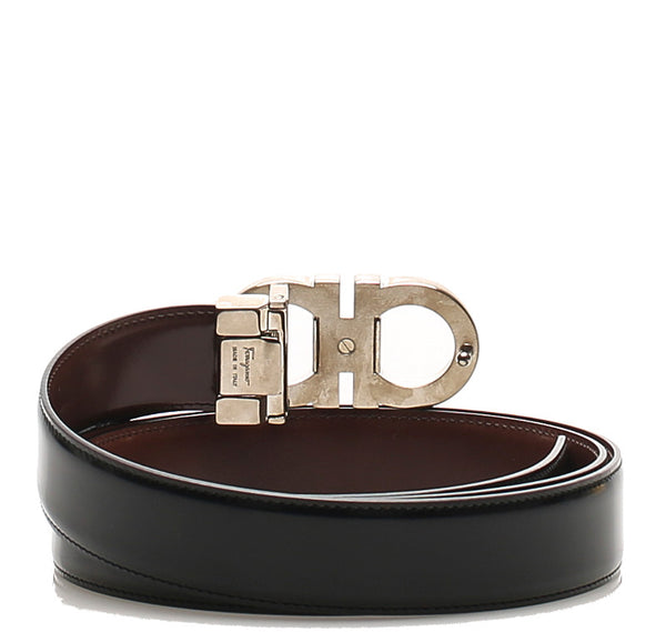 サルヴァトーレフェラガモ ブラック シルバー レザー ベルト メンズ Salvatore Ferragamo 中古