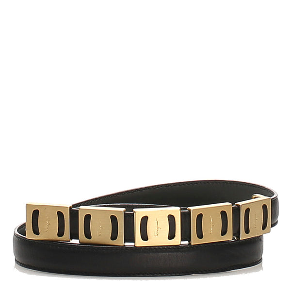 サルヴァトーレフェラガモ ブラック ゴールド レザー ベルト レディース Salvatore Ferragamo 中古