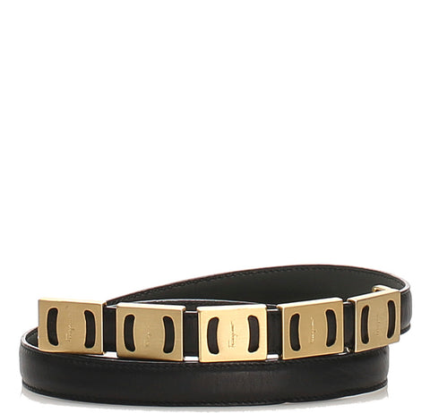 サルヴァトーレフェラガモ ブラック ゴールド レザー ベルト レディース Salvatore Ferragamo 中古