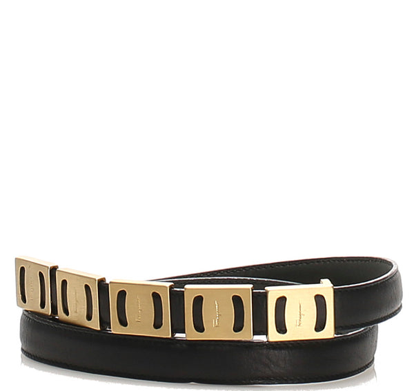 サルヴァトーレフェラガモ ブラック ゴールド レザー ベルト レディース Salvatore Ferragamo 中古