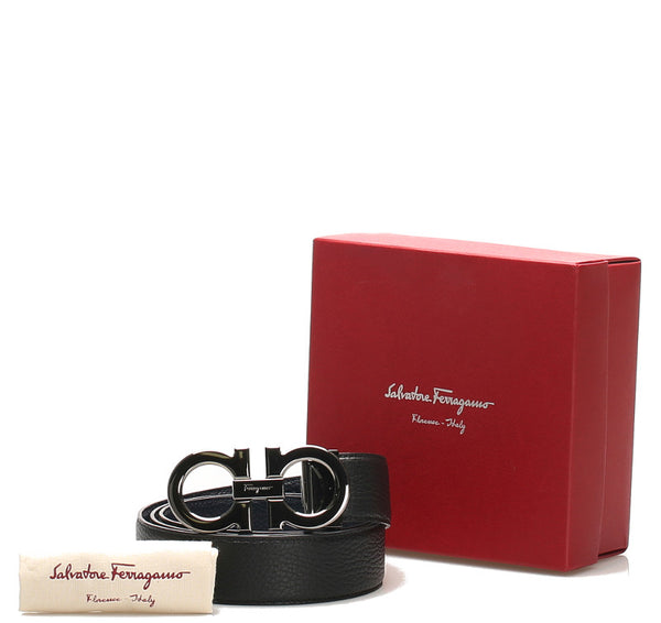 サルヴァトーレフェラガモ ガンチーニ ブラック シルバー  レザー ベルト メンズ Salvatore Ferragamo 中古