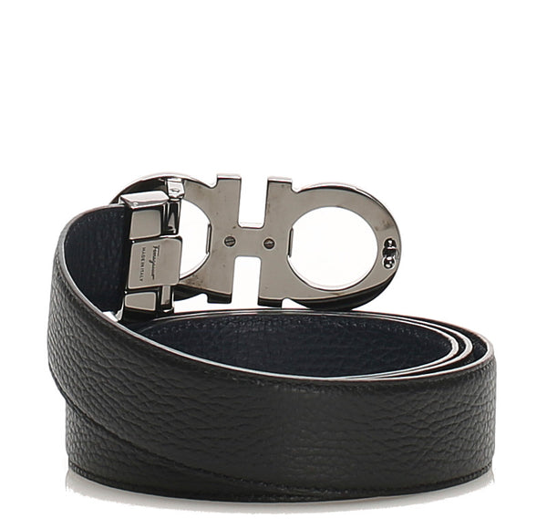 サルヴァトーレフェラガモ ガンチーニ ブラック シルバー  レザー ベルト メンズ Salvatore Ferragamo 中古