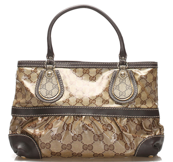 グッチ GGクリスタル 223964 ベージュ ブラウン コーティングキャンバス レザー ハンドバッグ レディース GUCCI 中古