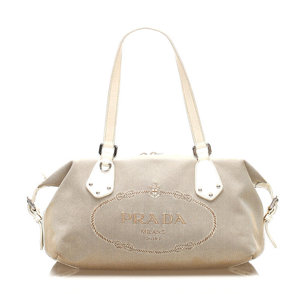プラダ ベージュ ホワイト キャンバス レザー ショルダーバッグ レディース PRADA 中古