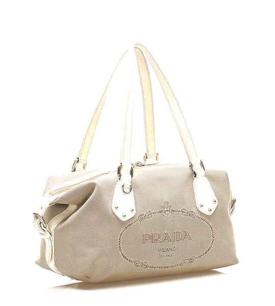 プラダ ベージュ ホワイト キャンバス レザー ショルダーバッグ レディース PRADA 中古