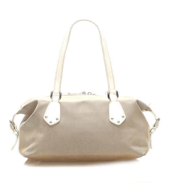 プラダ ベージュ ホワイト キャンバス レザー ショルダーバッグ レディース PRADA 中古