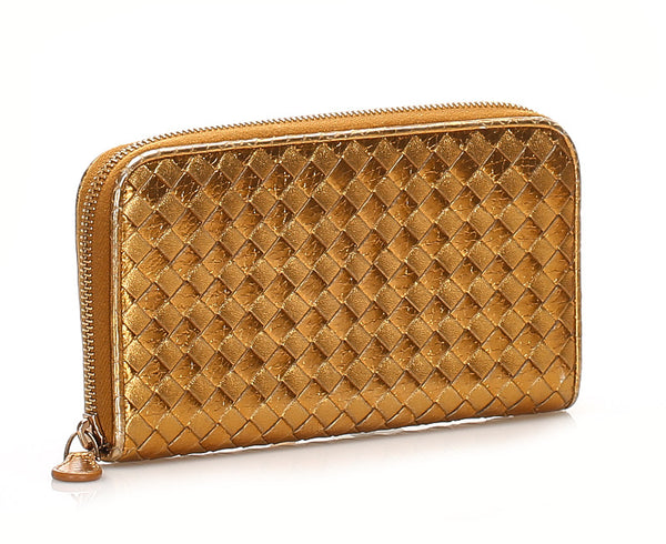 ボッテガヴェネタ イントレチャート ゴールド レザー ラウンドファスナー 長財布 ユニセックス BOTTEGAVENETA 中古