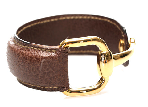 グッチ ブラウン ゴールド レザー メッキ ホースビット ブレスレット ユニセックス GUCCI 中古