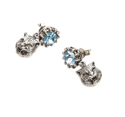 グッチ キャットヘッド シルバー ブルー クリスタル メタル ピアス レディース GUCCI 中古