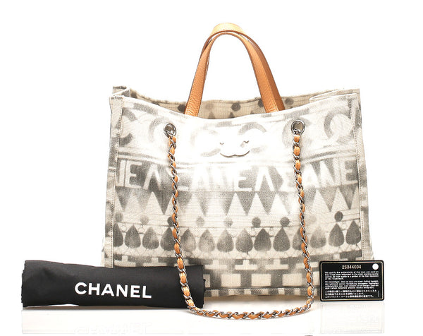 シャネル グレー アイボリー キャンバス レザー ハンドバッグ ショルダーバッグ 2WAY レディース CHANEL 中古