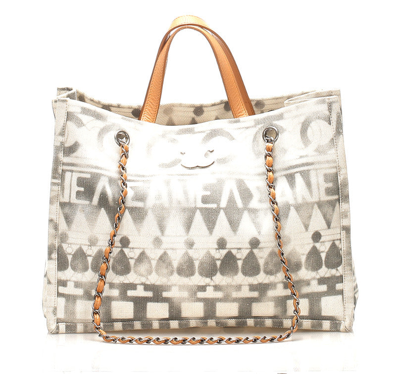 シャネル グレー アイボリー キャンバス レザー ハンドバッグ ショルダーバッグ 2WAY レディース CHANEL 中古