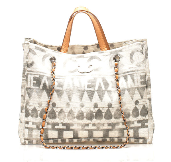 シャネル グレー アイボリー キャンバス レザー ハンドバッグ ショルダーバッグ 2WAY レディース CHANEL 中古