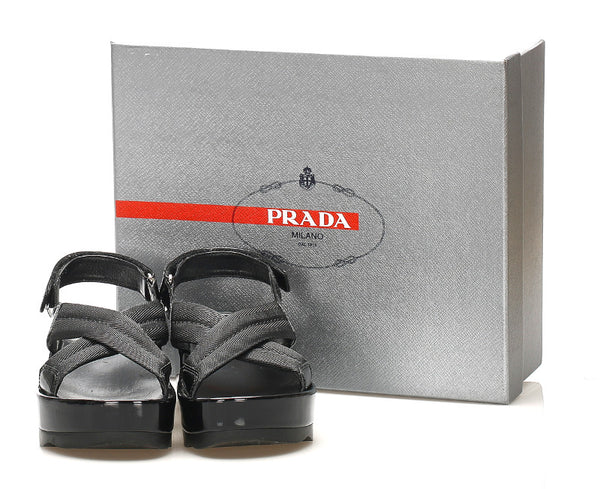 プラダ スポーツ ブラック 黒 ポリエステル エナメル サンダル レディース PRADA 中古