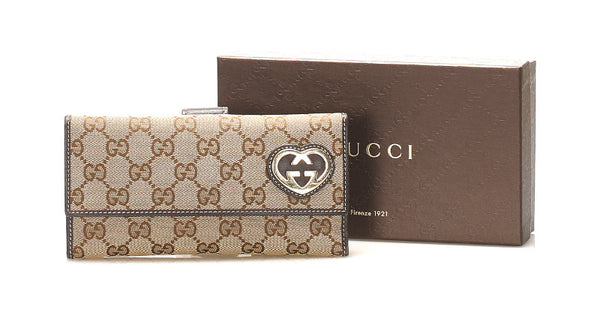 グッチ ラブリー ハート GGキャンバス ベージュ ブラウン キャンバス レザー 長財布 レディース GUCCI 中古