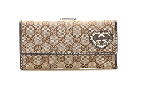 グッチ ラブリー ハート GGキャンバス ベージュ ブラウン キャンバス レザー 長財布 レディース GUCCI 中古