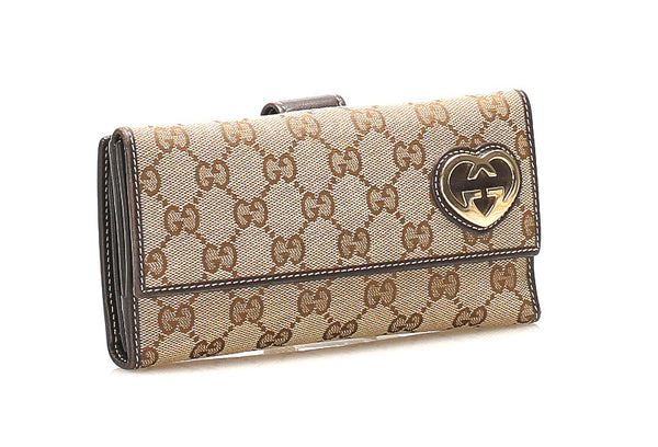 グッチ ラブリー ハート GGキャンバス ベージュ ブラウン キャンバス レザー 長財布 レディース GUCCI 中古