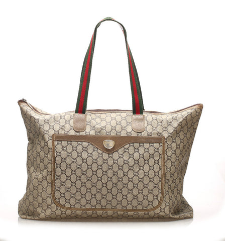 グッチ GGプラス シェリー ベージュ ブラウン グリーン レッド PVC トートバッグ ユニセックス GUCCI 中古