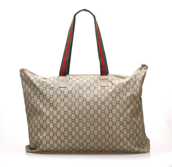 グッチ GGプラス シェリー ベージュ ブラウン グリーン レッド PVC トートバッグ ユニセックス GUCCI 中古