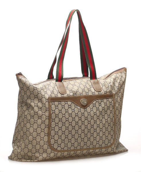 グッチ GGプラス シェリー ベージュ ブラウン グリーン レッド PVC トートバッグ ユニセックス GUCCI 中古