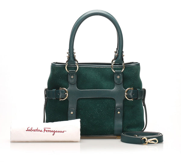 サルヴァトーレフェラガモ グリーン スウェード レザー ハンドバッグ レディース Salvatore Ferragamo 【中古】