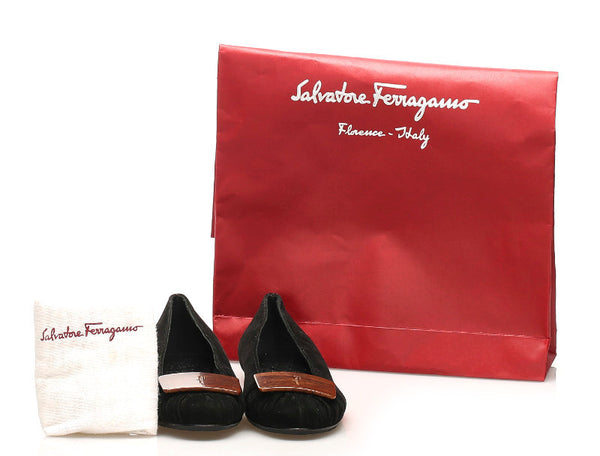 サルヴァトーレフェラガモ ブラック ブラウン スウェード バレエシューズ レディース Salvatore Ferragamo 【中古】