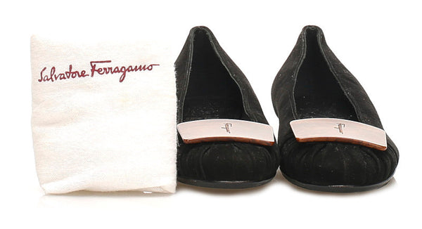 サルヴァトーレフェラガモ ブラック ブラウン スウェード バレエシューズ レディース Salvatore Ferragamo 【中古】