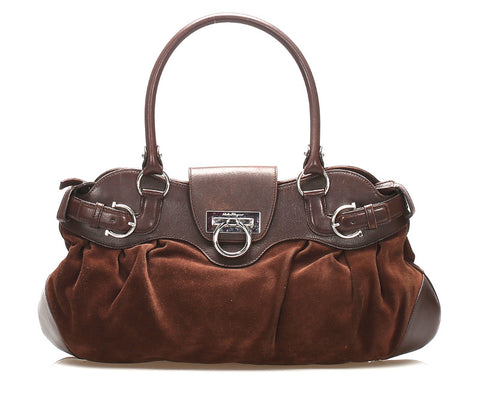 サルヴァトーレフェラガモ ガンチーニ BW-21 5370 ブラウン スウェード レザー ショルダーバッグ レディース Salvatore Ferragamo 中古