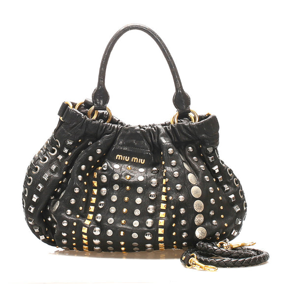 ミュウミュウ スタッズ ブラック 黒 レザー ショルダーバッグ レディース MIUMIU 中古