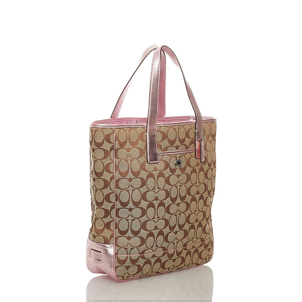 コーチ トートバッグ ベージュ ピンク キャンバス レザー レディース COACH 【中古】