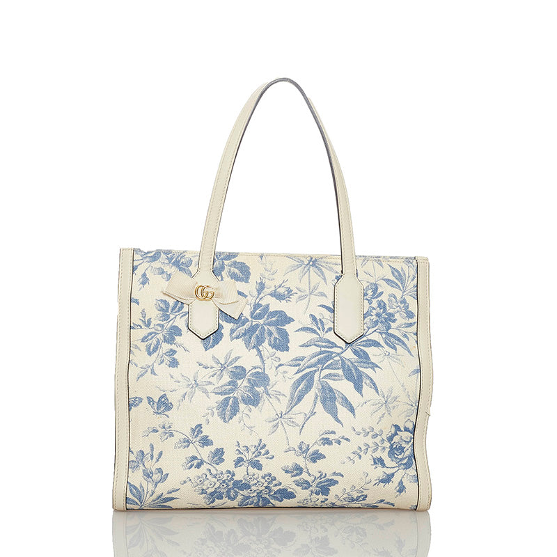 グッチ GGリボン ハーバリウム 432684 ホワイト ブルー キャンバス レザー トートバッグ レディース GUCCI 【中古】