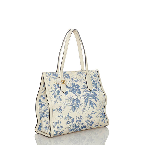 グッチ GGリボン ハーバリウム 432684 ホワイト ブルー キャンバス レザー トートバッグ レディース GUCCI 【中古】