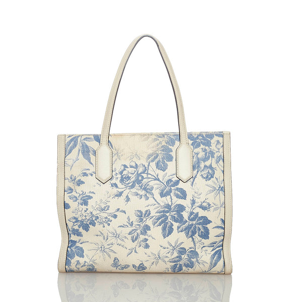 グッチ GGリボン ハーバリウム 432684 ホワイト ブルー キャンバス レザー トートバッグ レディース GUCCI 【中古】