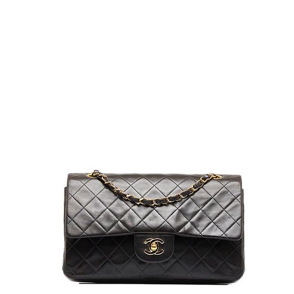 シャネル マトラッセ25 ダブルフラップ チェーン ショルダーバッグ ブラック レザー レディース CHANEL 【中古】